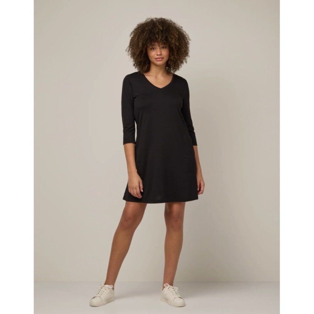 Wool& Willow Merino Swing Dress in Black Size Large Long 3/4 Sleeve V Neck